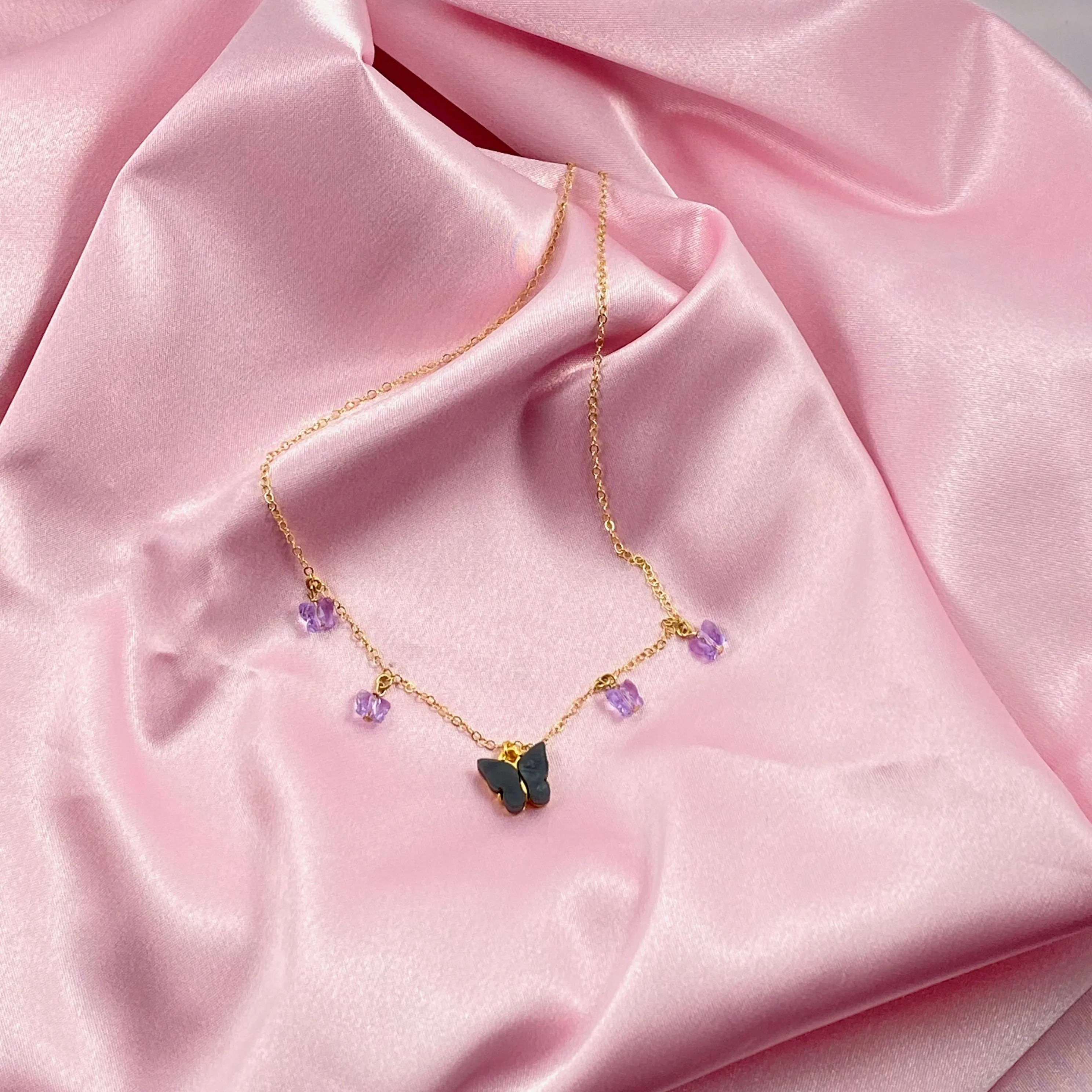 Black Lavender Butterfly Choker 14K Gold Necklace