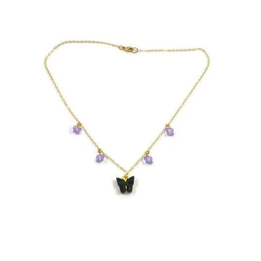 Black Lavender Butterfly Choker 14K Gold Necklace