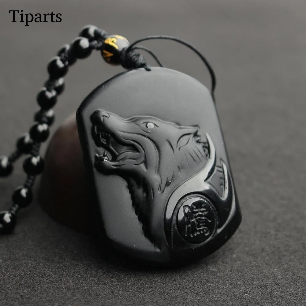 Black Obsidian Wolf Head Amulet Pendant Necklace