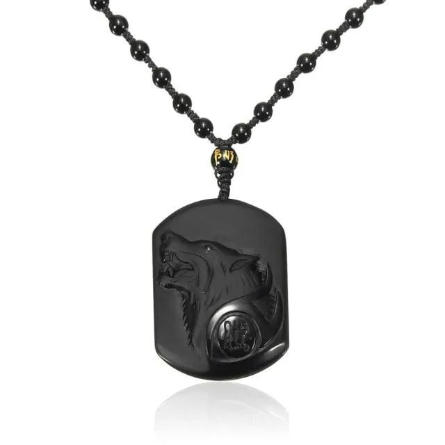 Black Obsidian Wolf Head Amulet Pendant Necklace