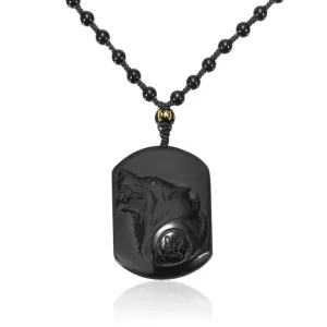 Black Obsidian Wolf Head Amulet Pendant Necklace