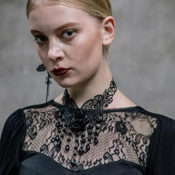 Black Rose & Pearls Gothic Choker - One Size