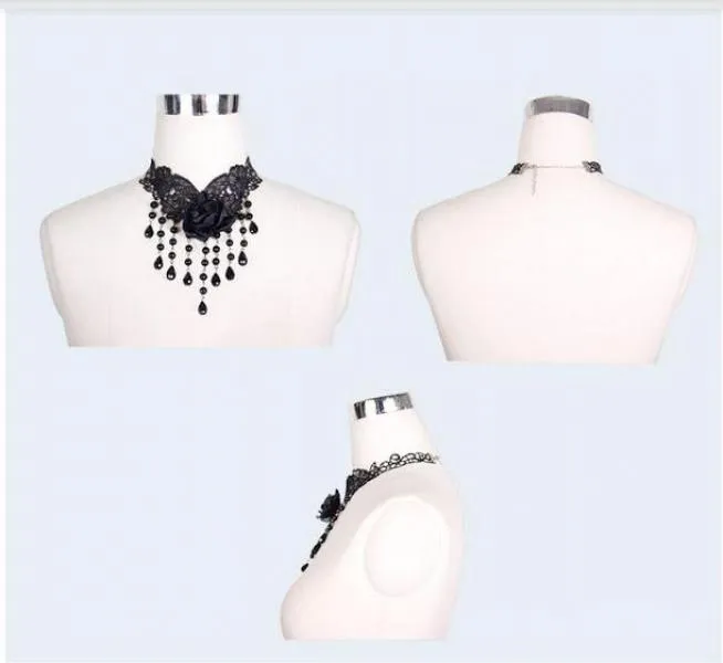 Black Rose & Pearls Gothic Choker - One Size