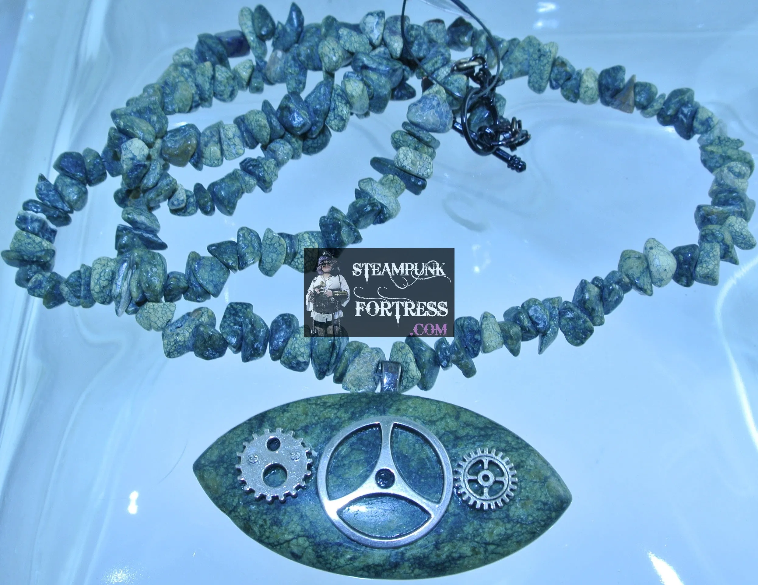 BLACK SERPENTINE RUSSIAN GEMSTONES CHIPS NECKLACE SILVER CLOCK WATCH GEARS 2 SIDED REVERSIBLE SET AVAILABLE STARR WILDE STEAMPUNK FORTRESS