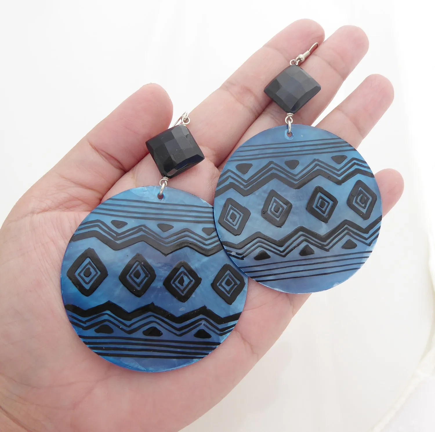 Blue geometric shell earrings