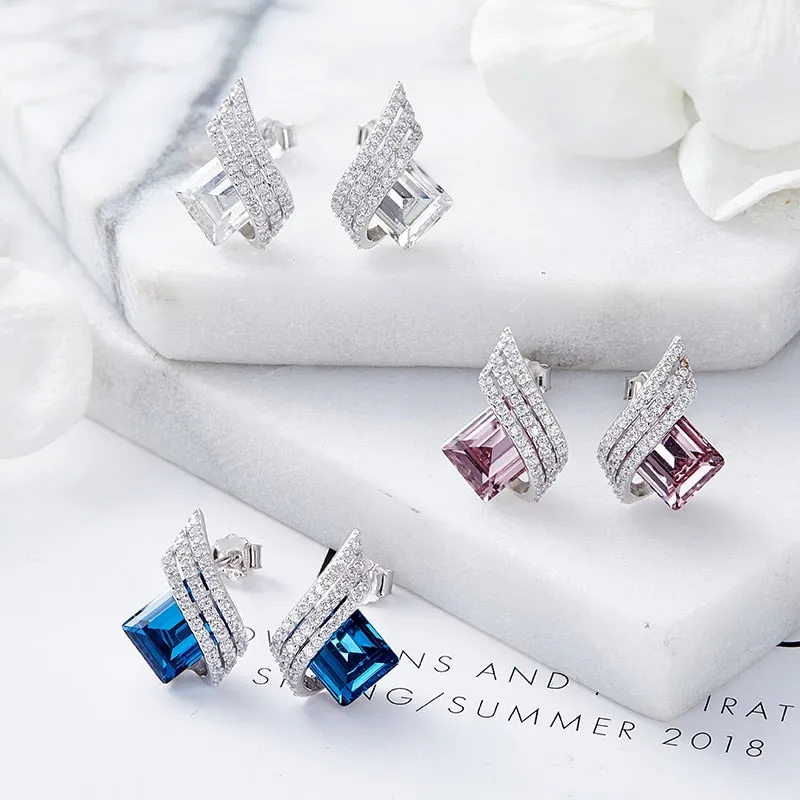 Blue Square Crystals Stud Earrings
