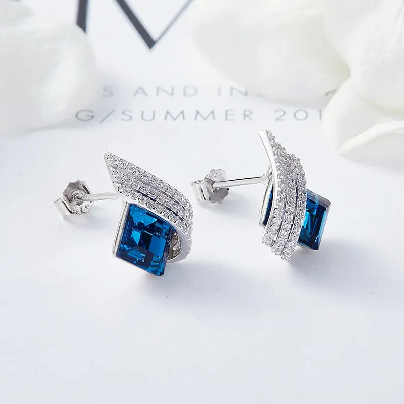 Blue Square Crystals Stud Earrings