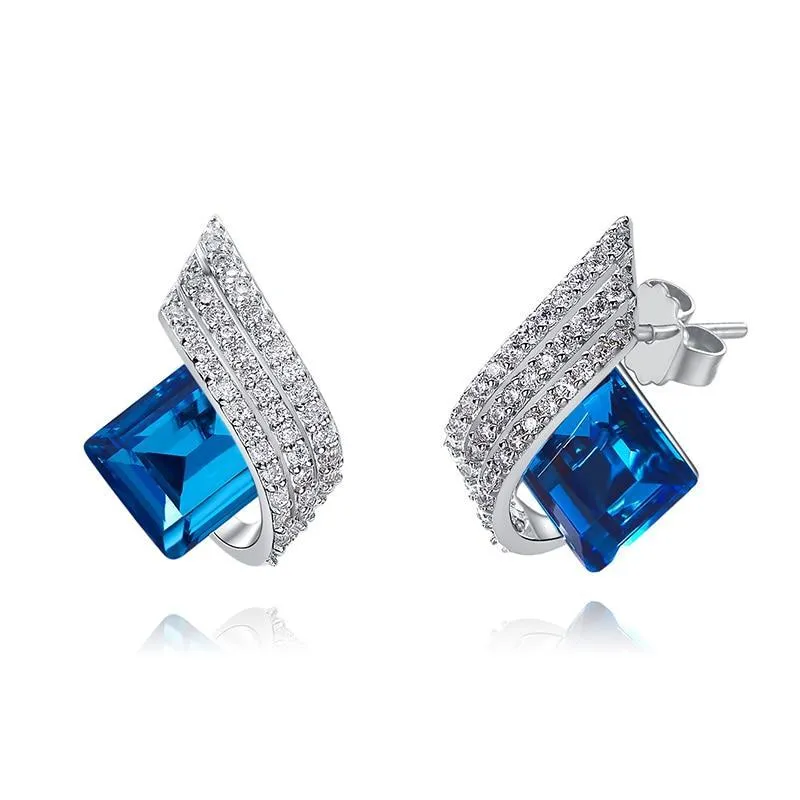 Blue Square Crystals Stud Earrings