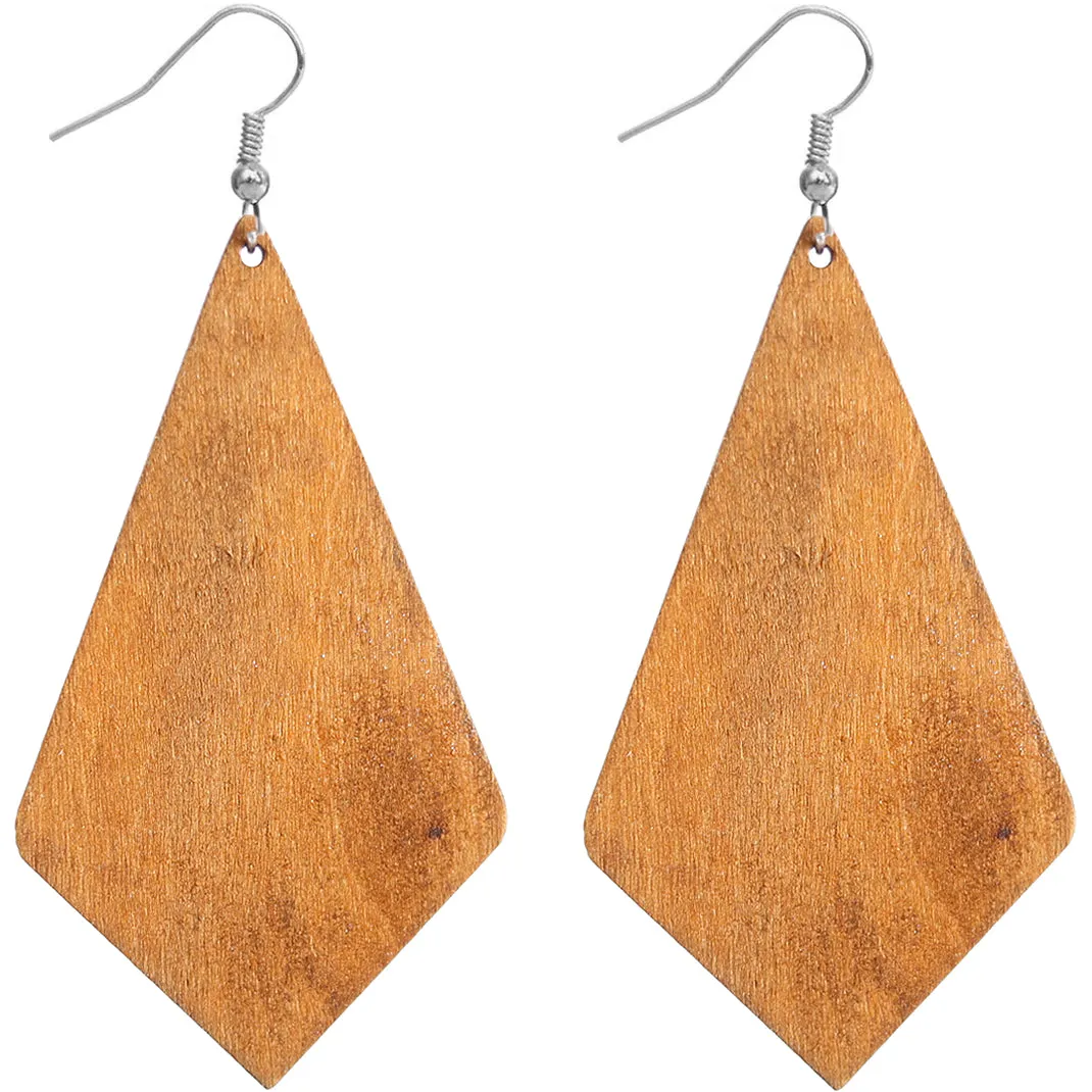 Blue Wooden Geometric Pentagon Dangle Earrings