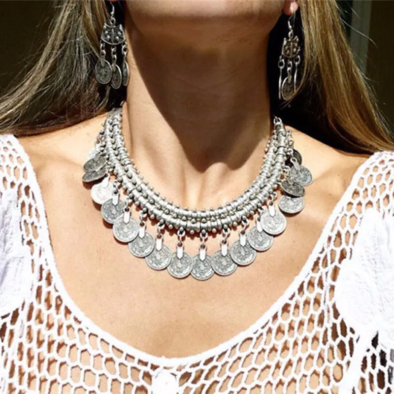 Boho Antique Coin and Tibetan Tassel Necklace