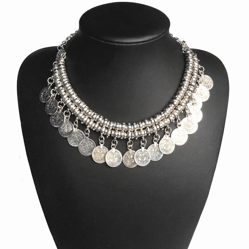 Boho Antique Coin and Tibetan Tassel Necklace