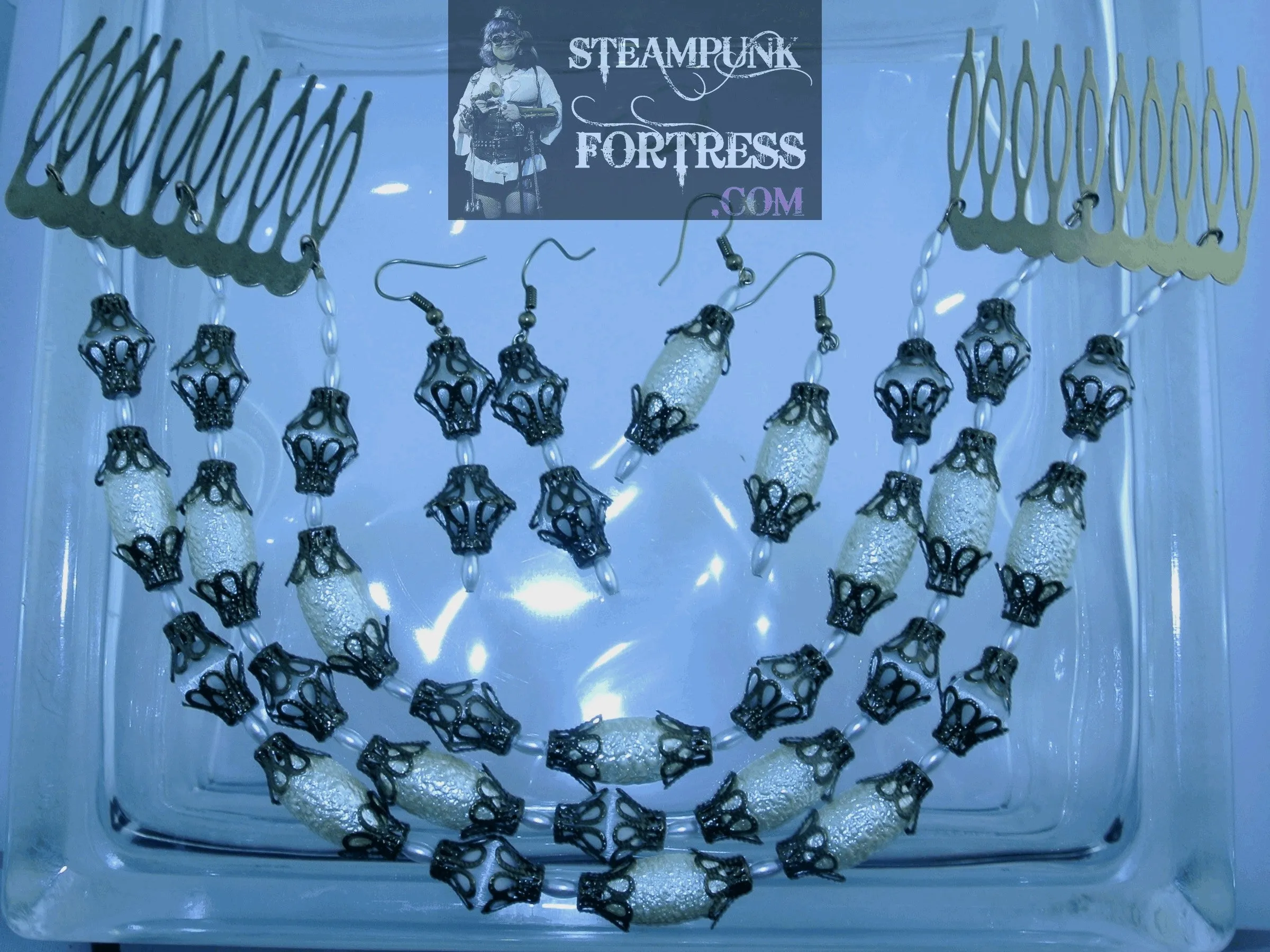BRASS WHITE NYLON ROUNDS BRASS BEAD BASKETS CAPS WHITE OVAL PEARLS PIERCED EARRINGS SET AVAILABLE STARR WILDE STEAMPUNK FORTRESS