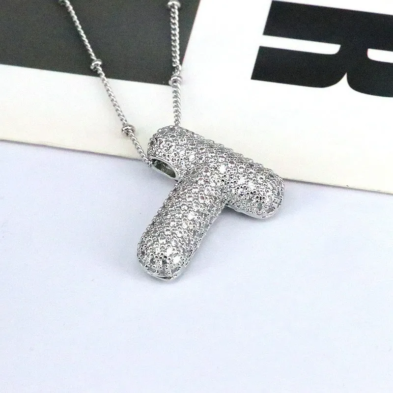Brass Zircon Bubble Balloon Letter Pendant Necklace For Women