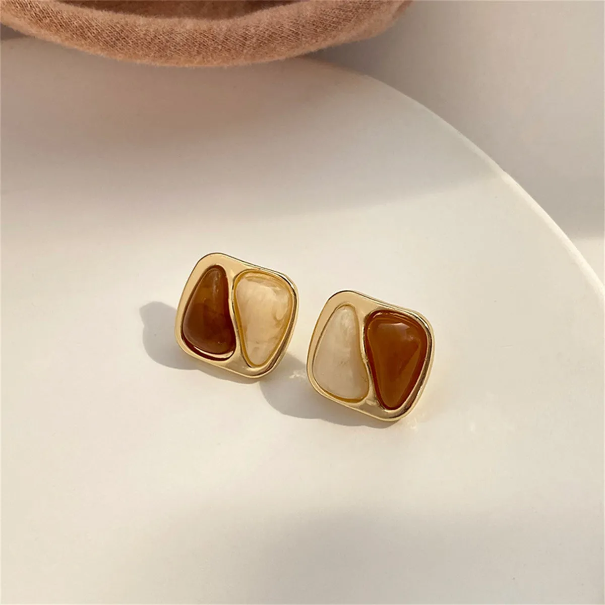 Brown Resin & 18K Gold-Plated Square Stud Earrings