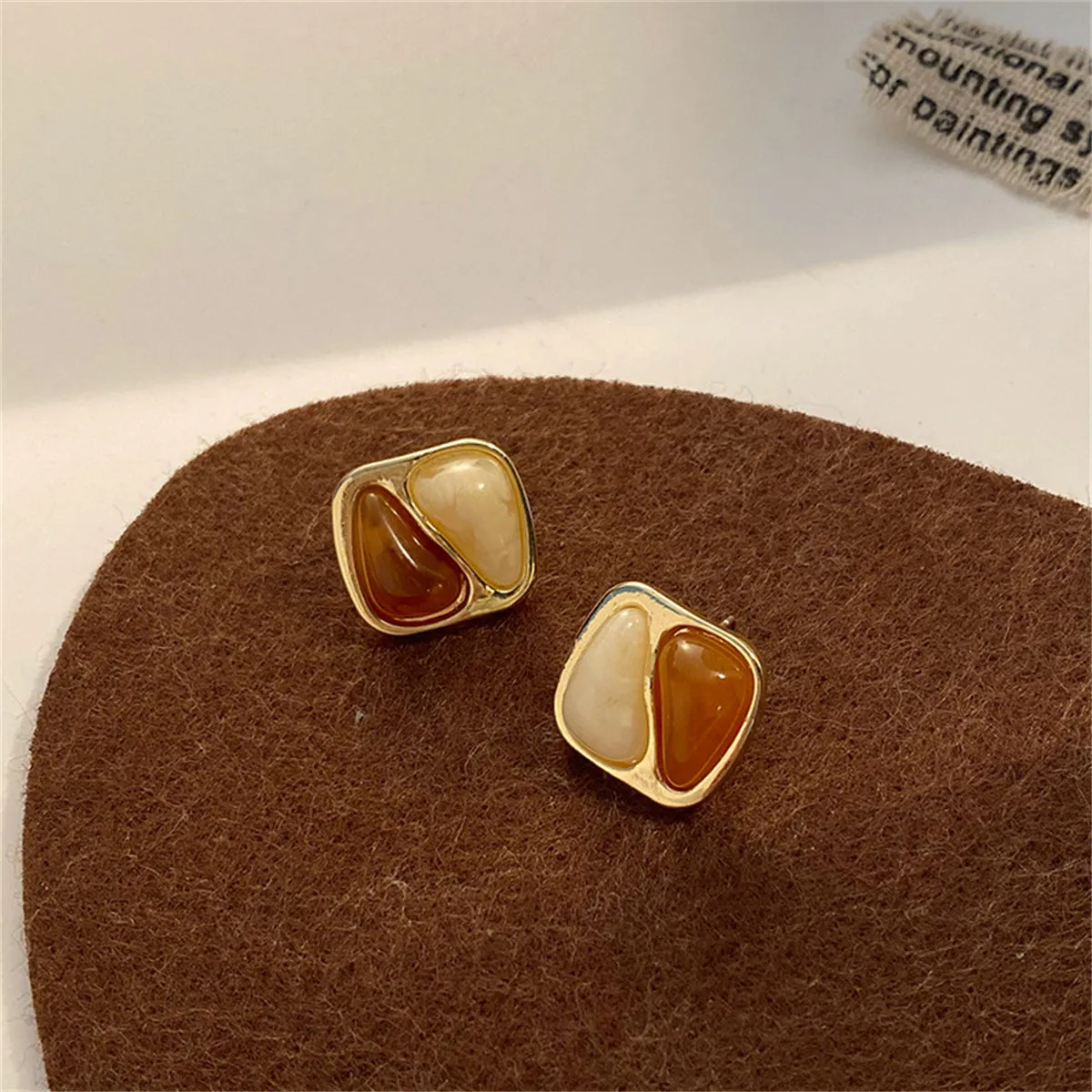 Brown Resin & 18K Gold-Plated Square Stud Earrings