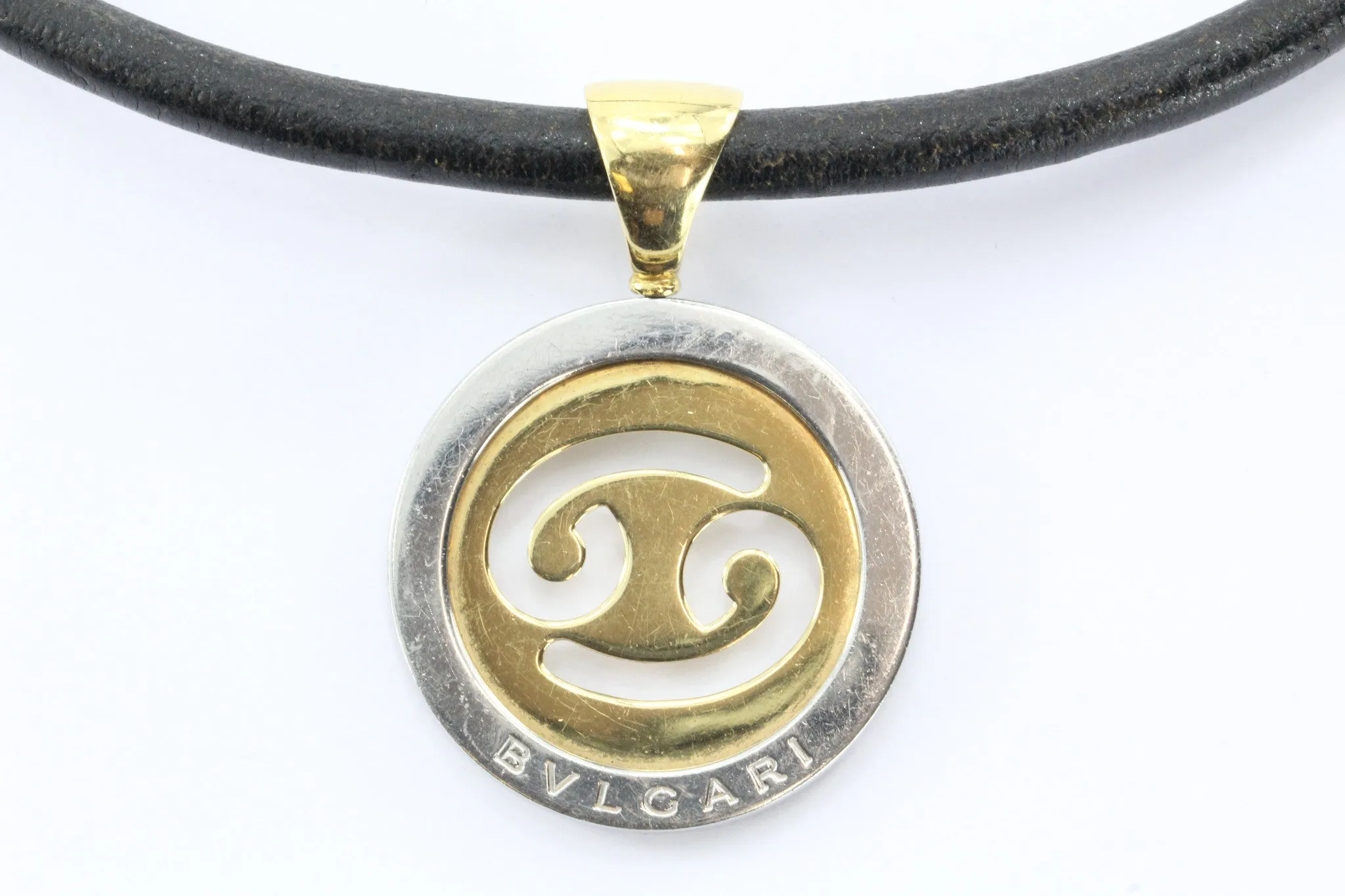 Bulgari Tondo Cancer Zodiac 18K Gold, Stainless Steel Pendant & Leather Necklace