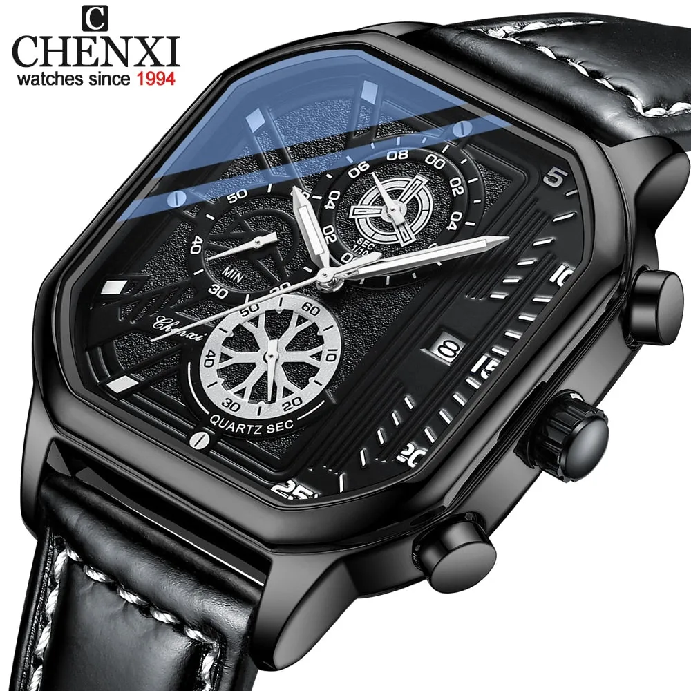 CHENXI Classic Mens Watches Top Luxury Brand Square Dial Date Quartz Wrist Watch Men Waterproof Sport Clock Chronograph