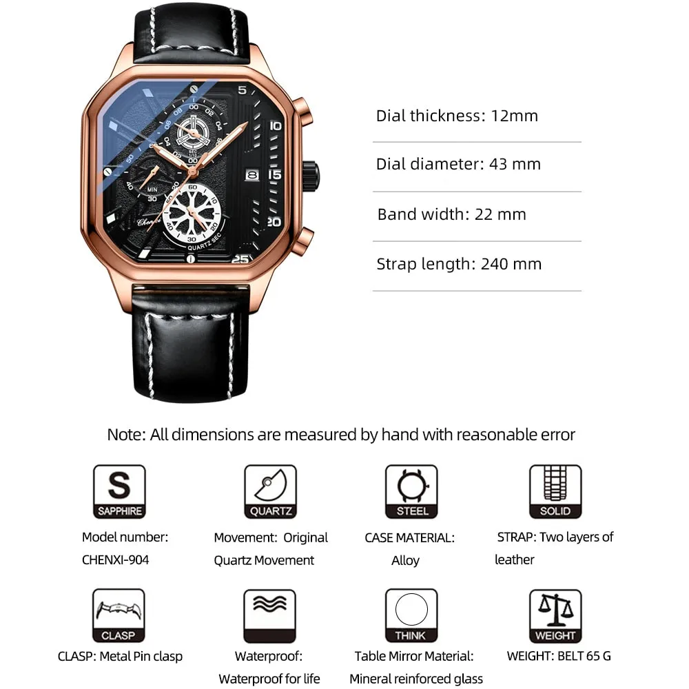 CHENXI Classic Mens Watches Top Luxury Brand Square Dial Date Quartz Wrist Watch Men Waterproof Sport Clock Chronograph