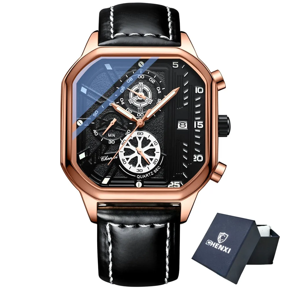 CHENXI Classic Mens Watches Top Luxury Brand Square Dial Date Quartz Wrist Watch Men Waterproof Sport Clock Chronograph