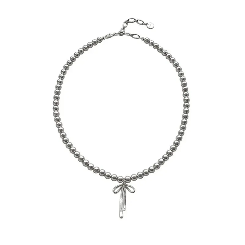 Choker Pendant Graceful Bowknot Pendant Choker Necklace with Gray Pearls Neck