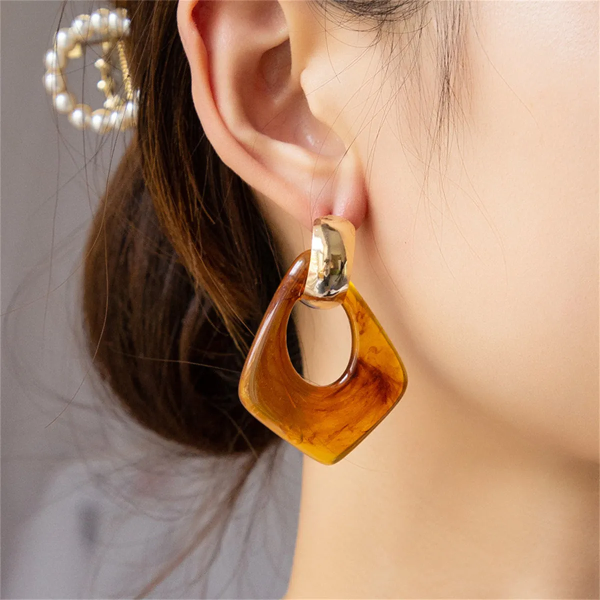 Coffee Resin & 18K Gold-Plated Rhombus Dangle Earring