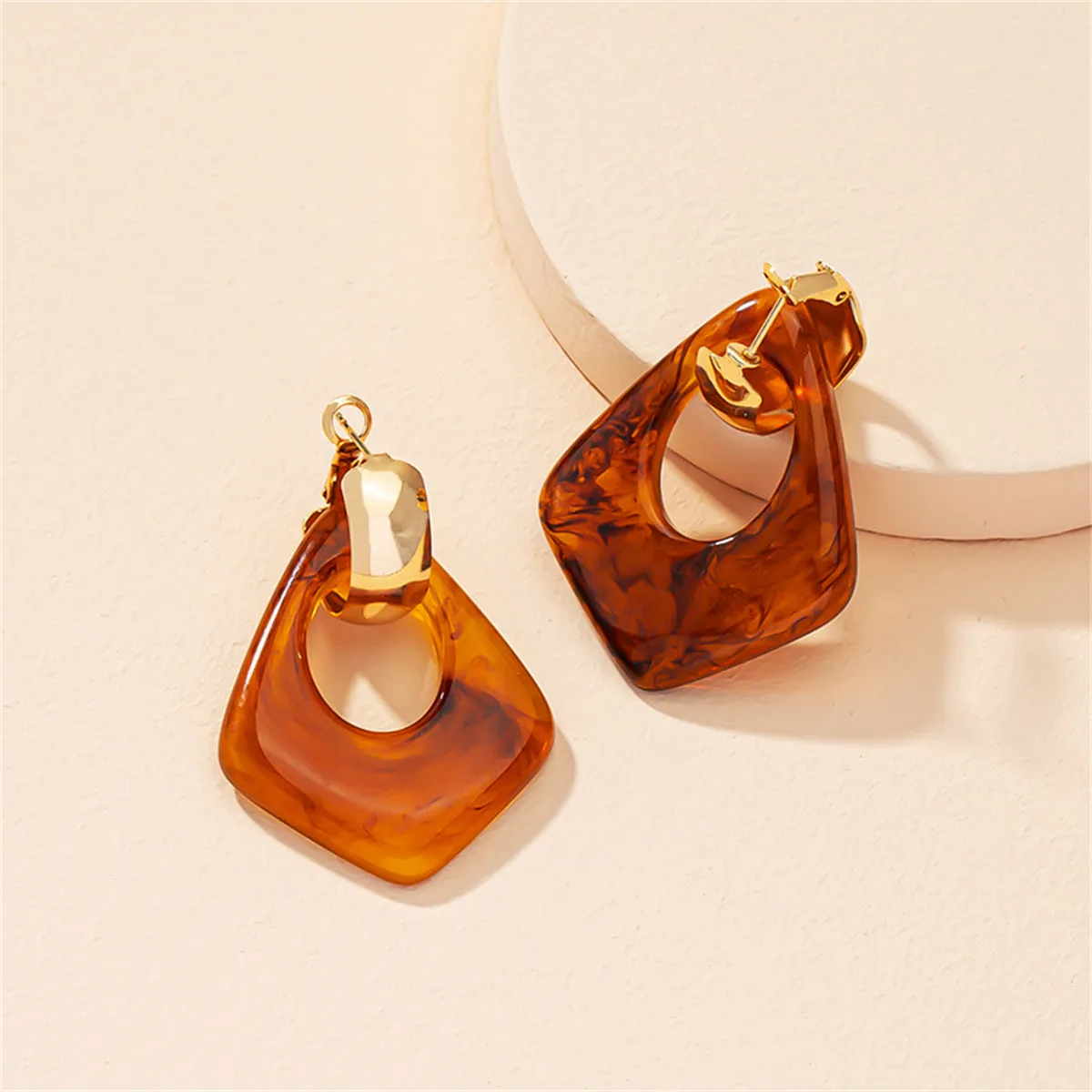Coffee Resin & 18K Gold-Plated Rhombus Dangle Earring