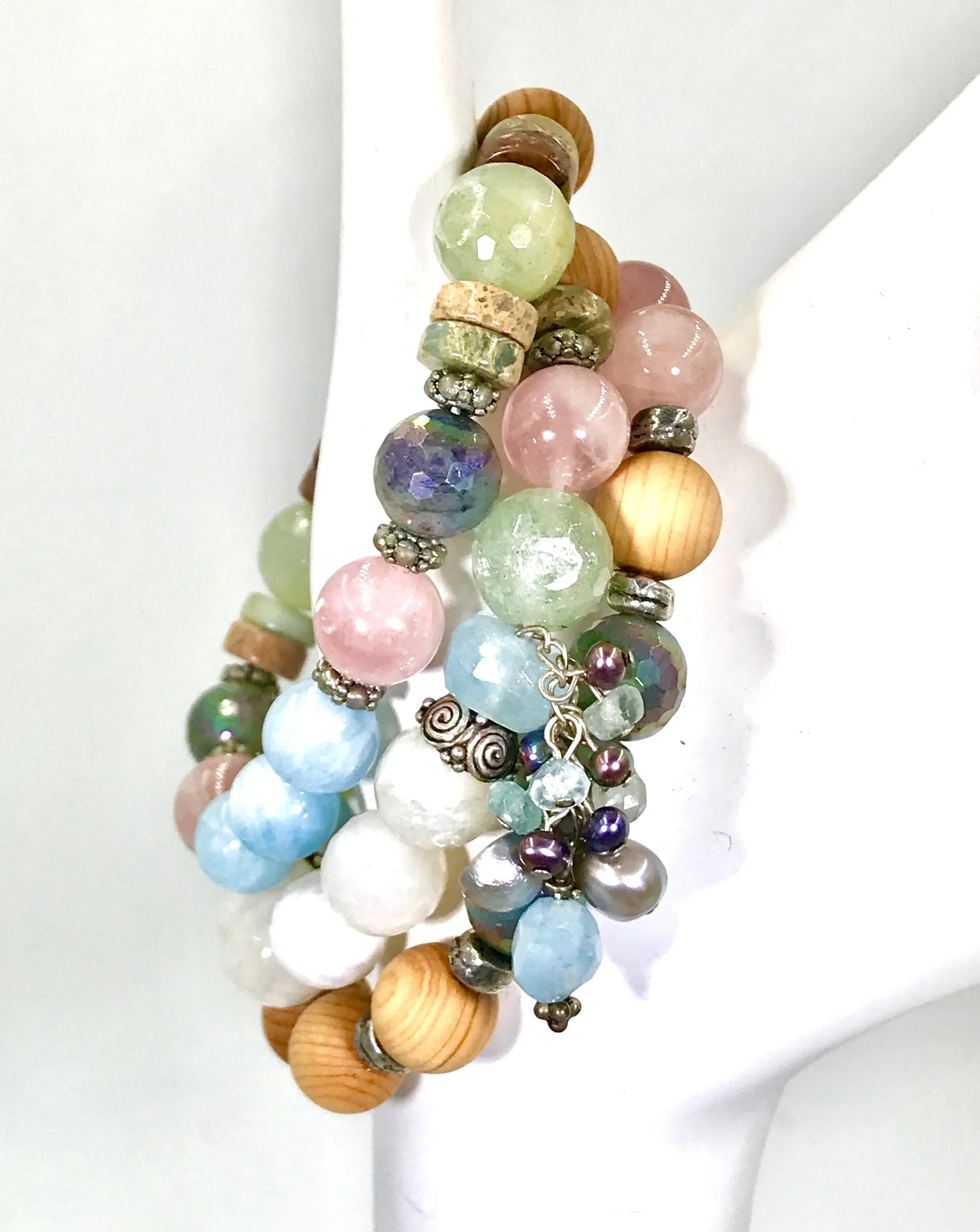Colorful Pastel Stretch Stacking Bracelet Set of 3 Rose Quartz Moonstone Sandalwood