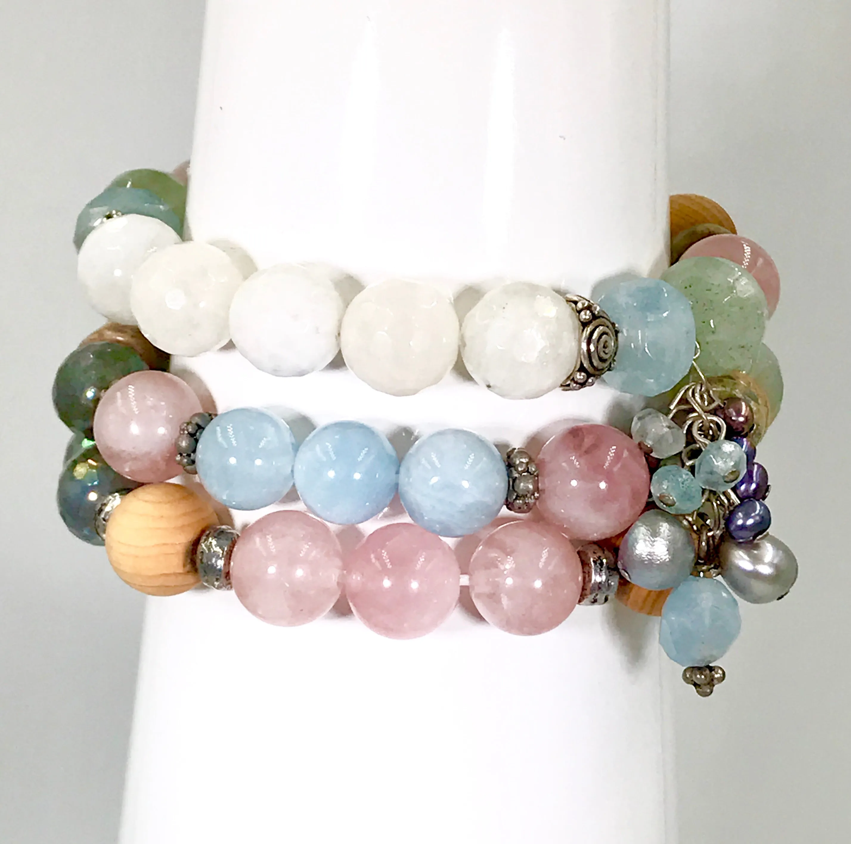 Colorful Pastel Stretch Stacking Bracelet Set of 3 Rose Quartz Moonstone Sandalwood