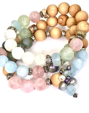 Colorful Pastel Stretch Stacking Bracelet Set of 3 Rose Quartz Moonstone Sandalwood
