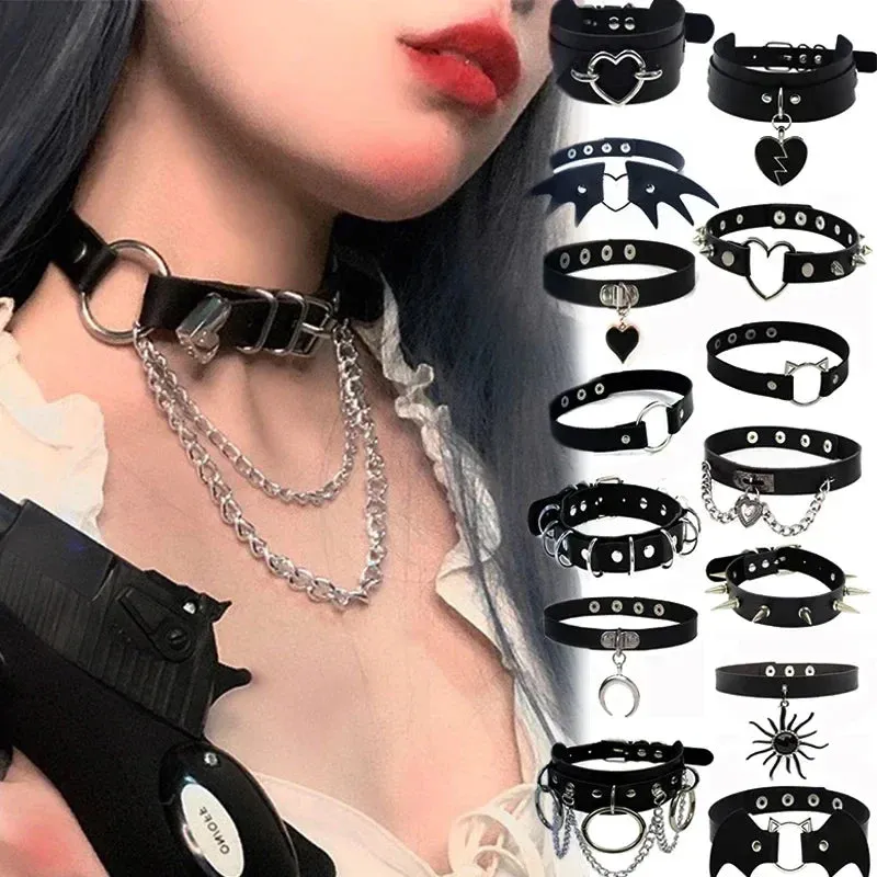 Cosplay Punk Collar Choker Sexy Harajuku PU Leather Black Chokers Necklace Chain Pendant Women Rock Gothic Neck Jewelry