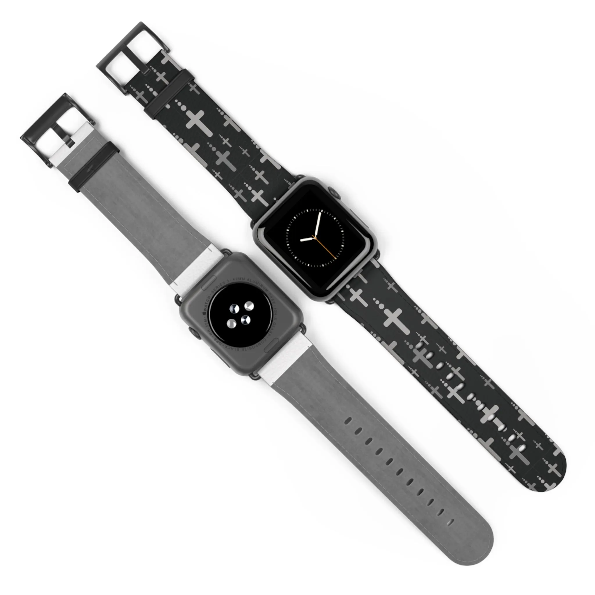 Crosses Watch Band - Silver Crosses/Black Faux Leather 38-41/42-45