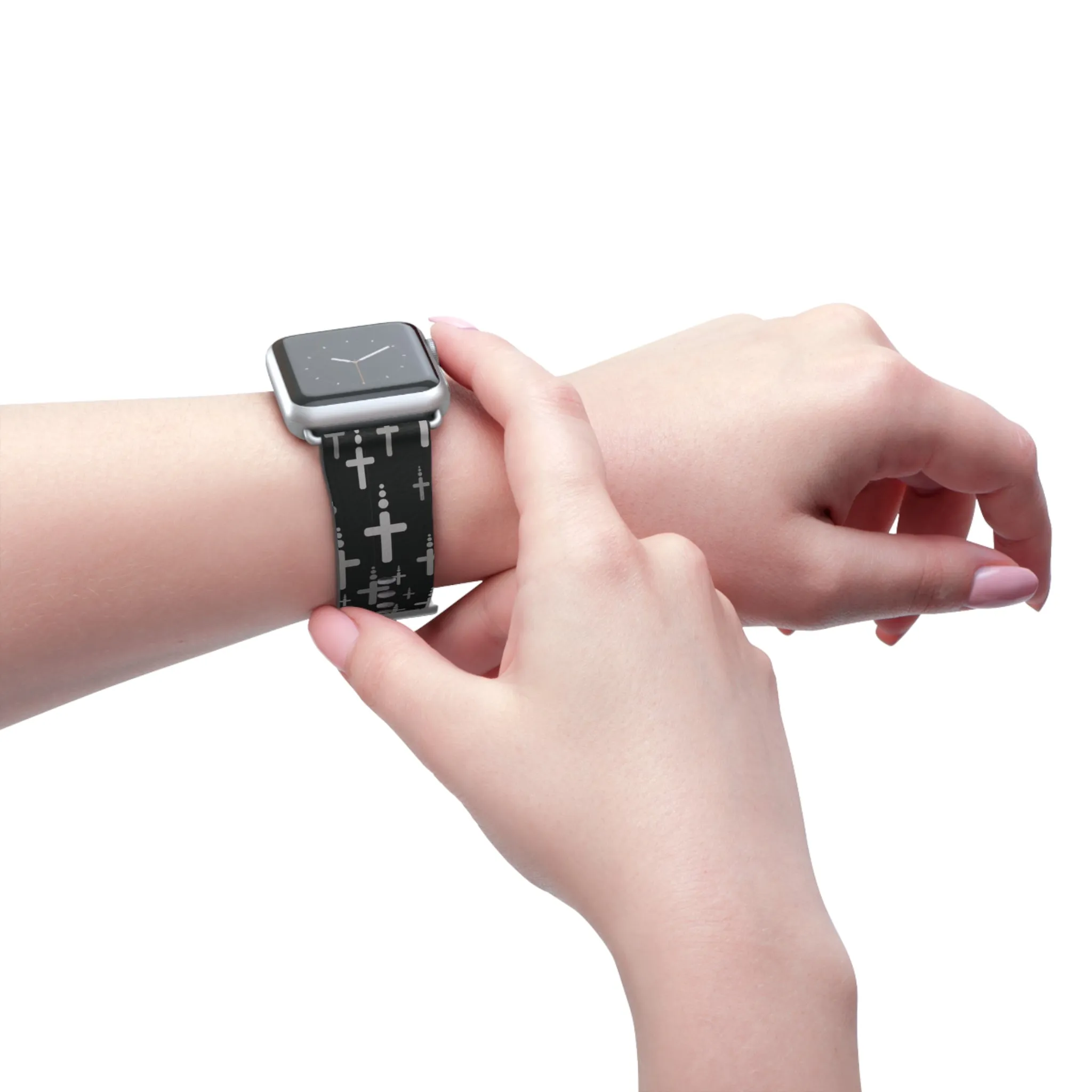 Crosses Watch Band - Silver Crosses/Black Faux Leather 38-41/42-45
