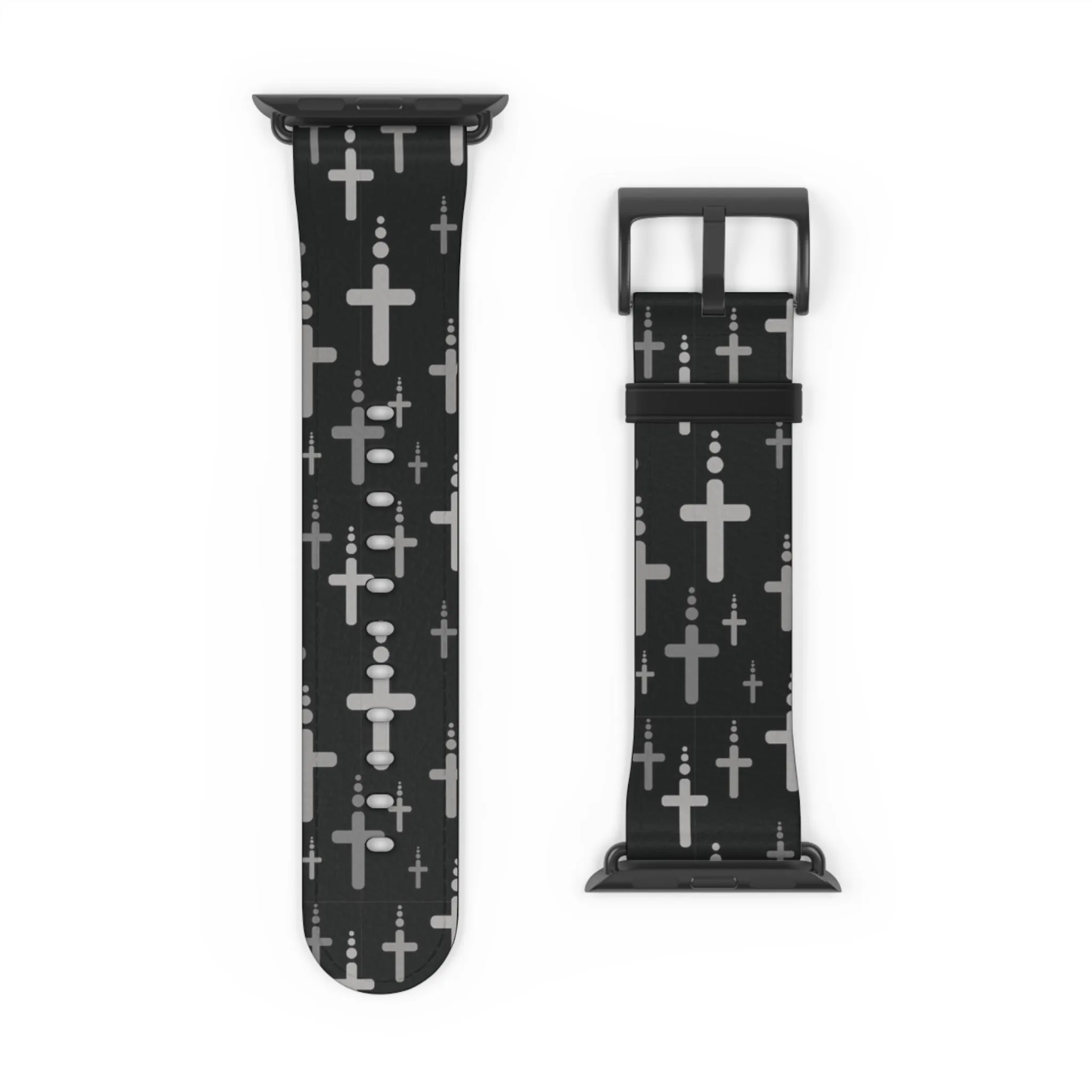 Crosses Watch Band - Silver Crosses/Black Faux Leather 38-41/42-45