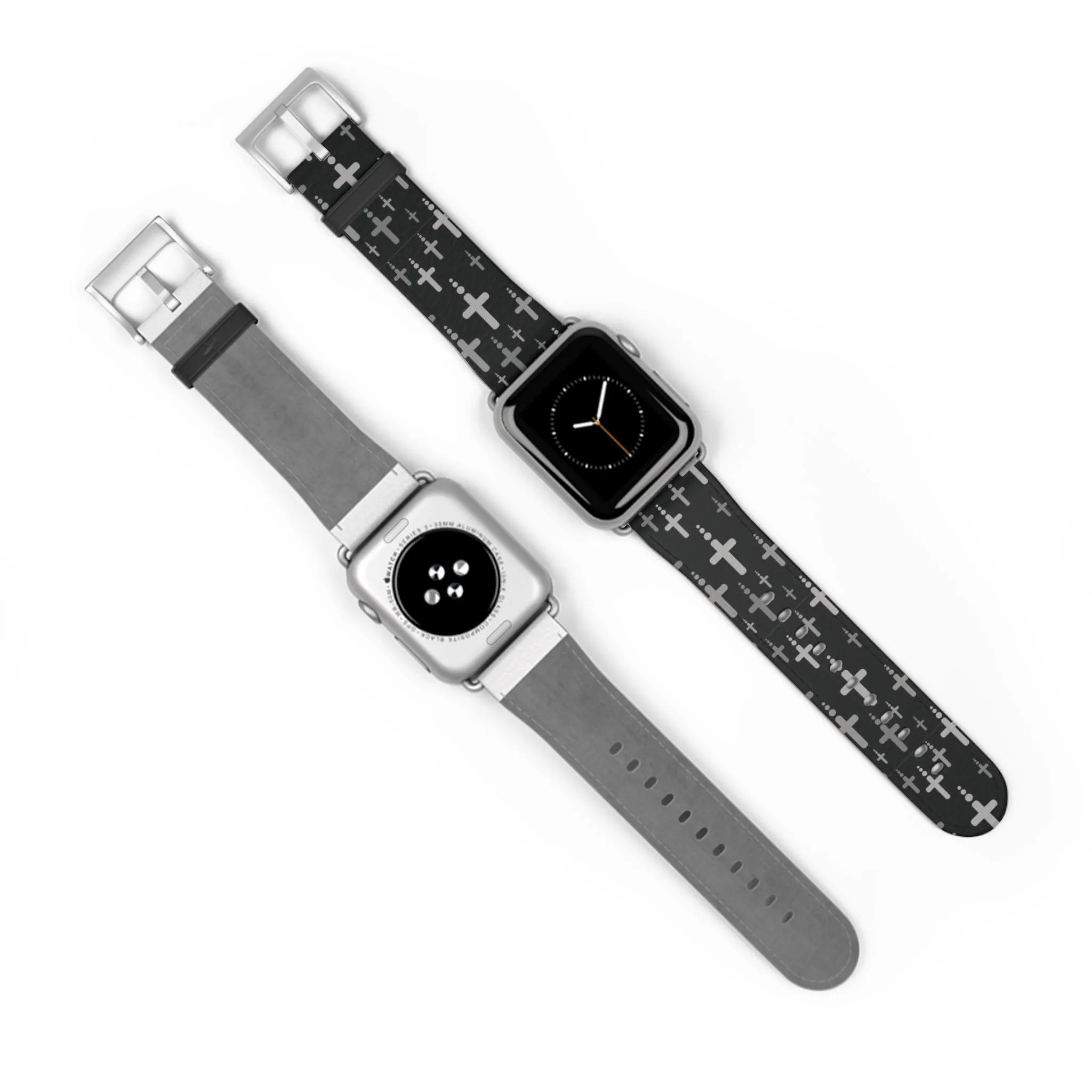 Crosses Watch Band - Silver Crosses/Black Faux Leather 38-41/42-45