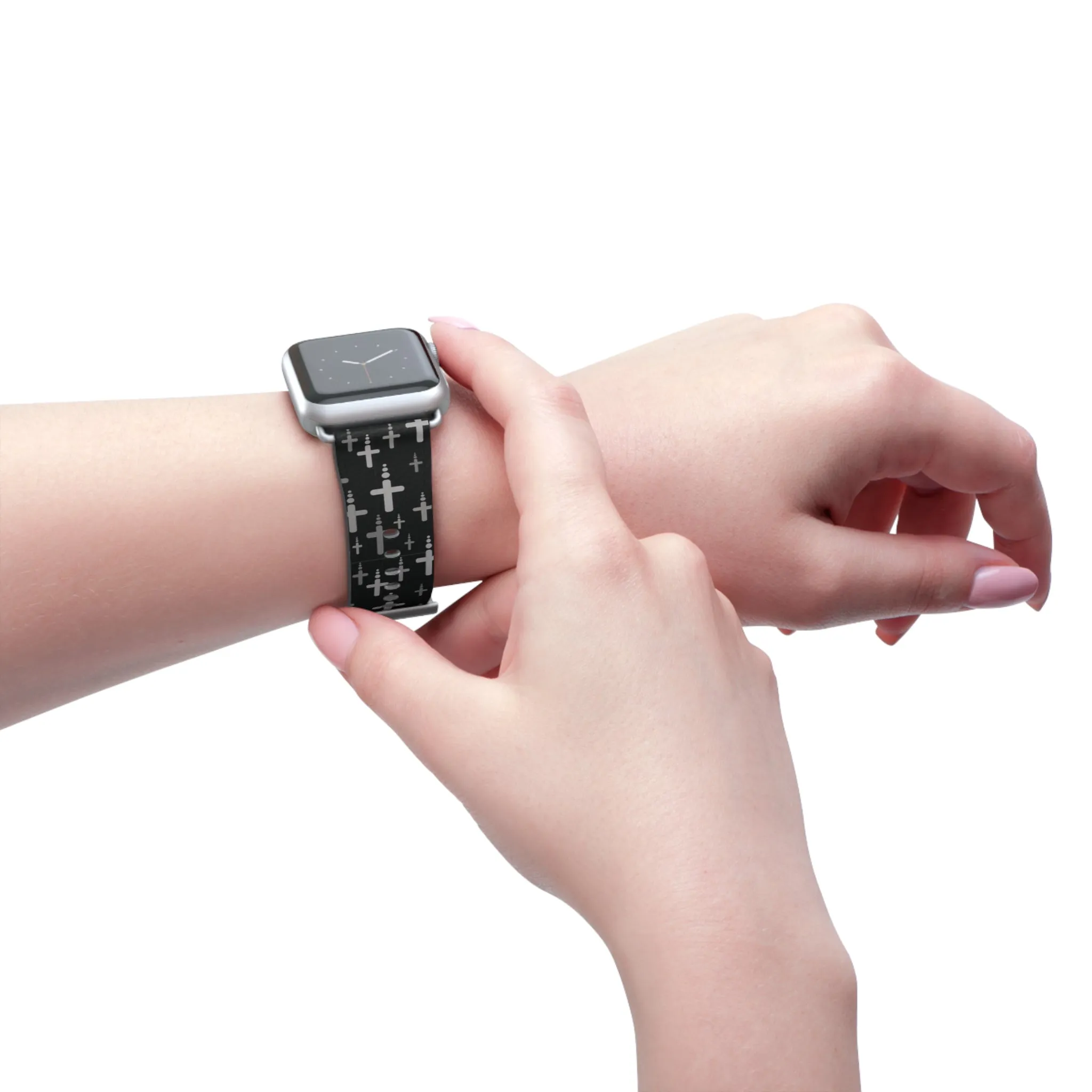 Crosses Watch Band - Silver Crosses/Black Faux Leather 38-41/42-45