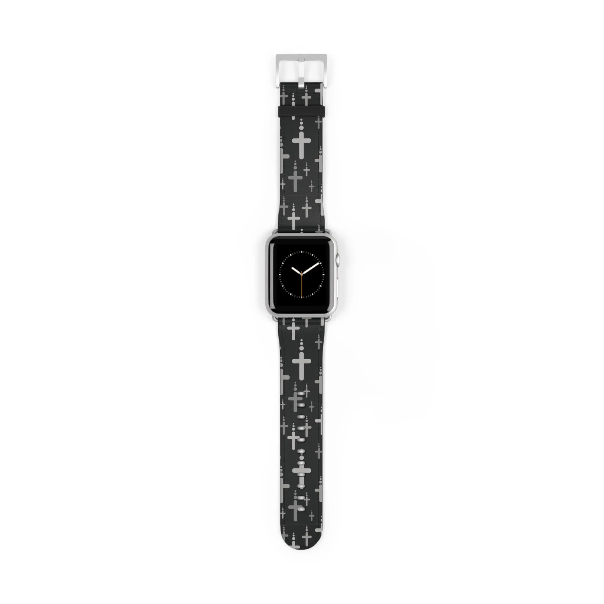 Crosses Watch Band - Silver Crosses/Black Faux Leather 38-41/42-45