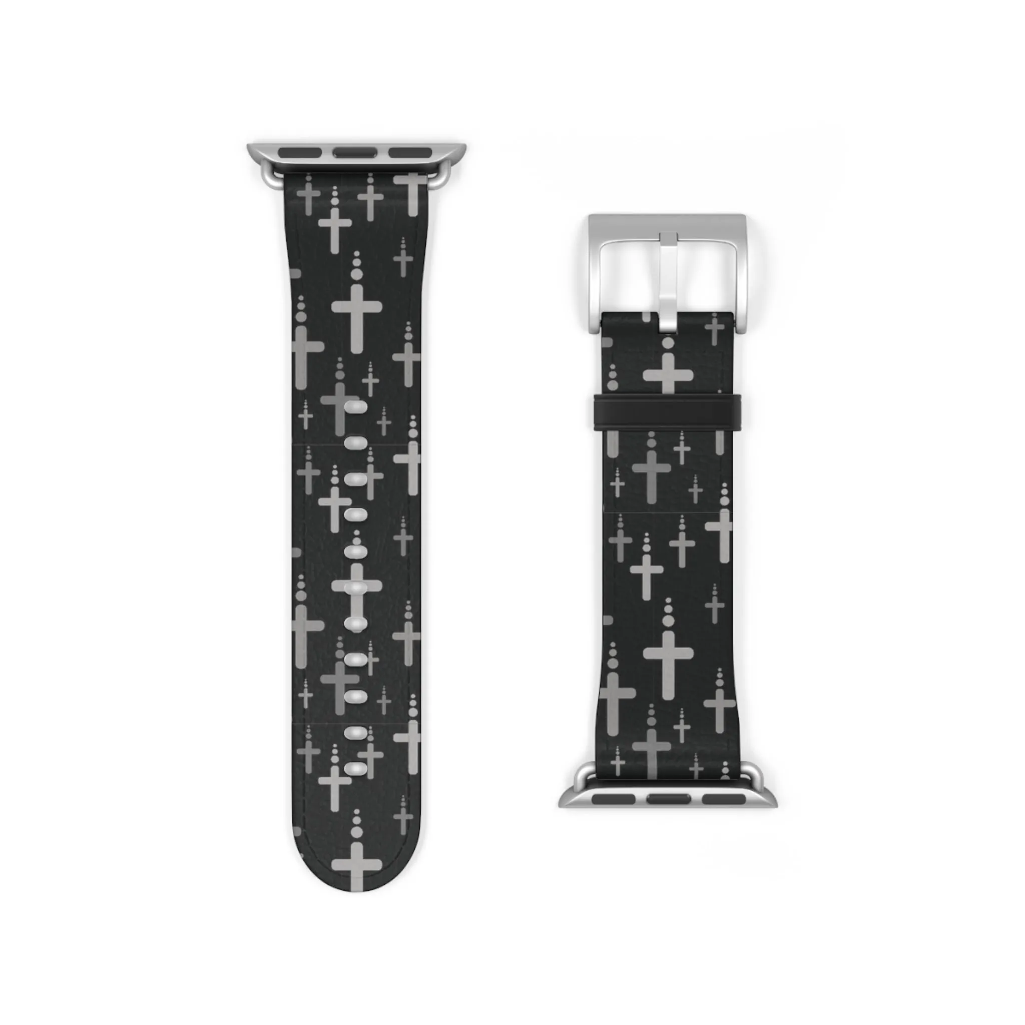 Crosses Watch Band - Silver Crosses/Black Faux Leather 38-41/42-45