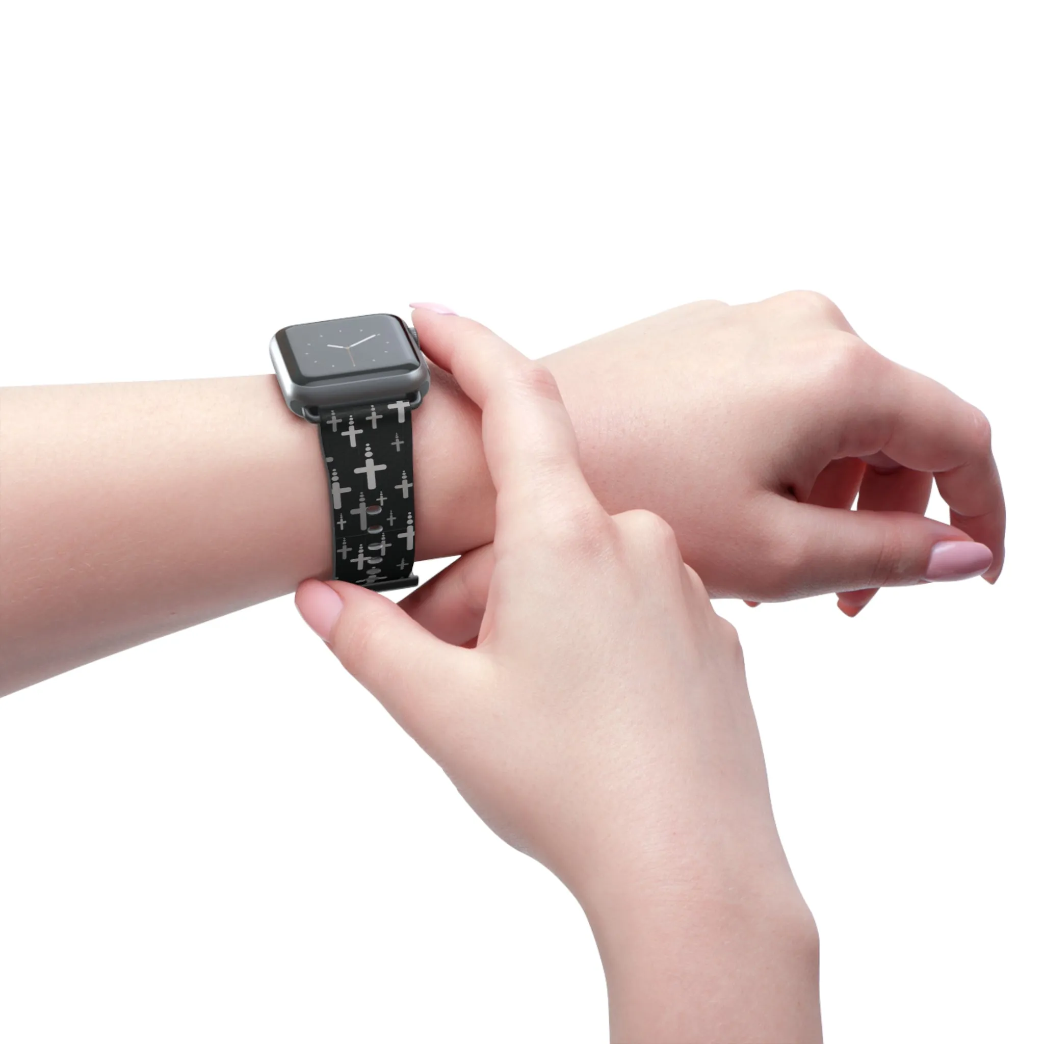 Crosses Watch Band - Silver Crosses/Black Faux Leather 38-41/42-45
