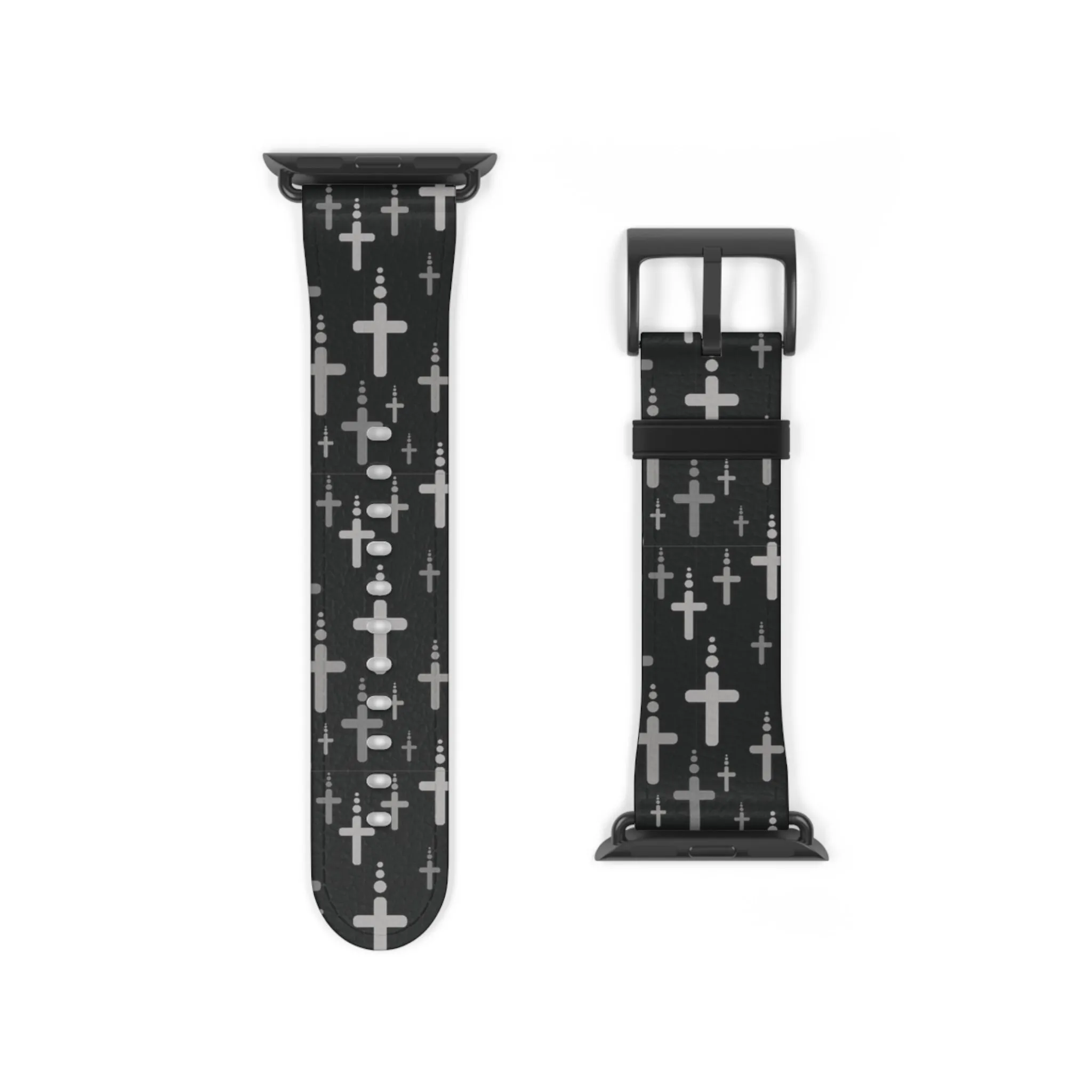 Crosses Watch Band - Silver Crosses/Black Faux Leather 38-41/42-45