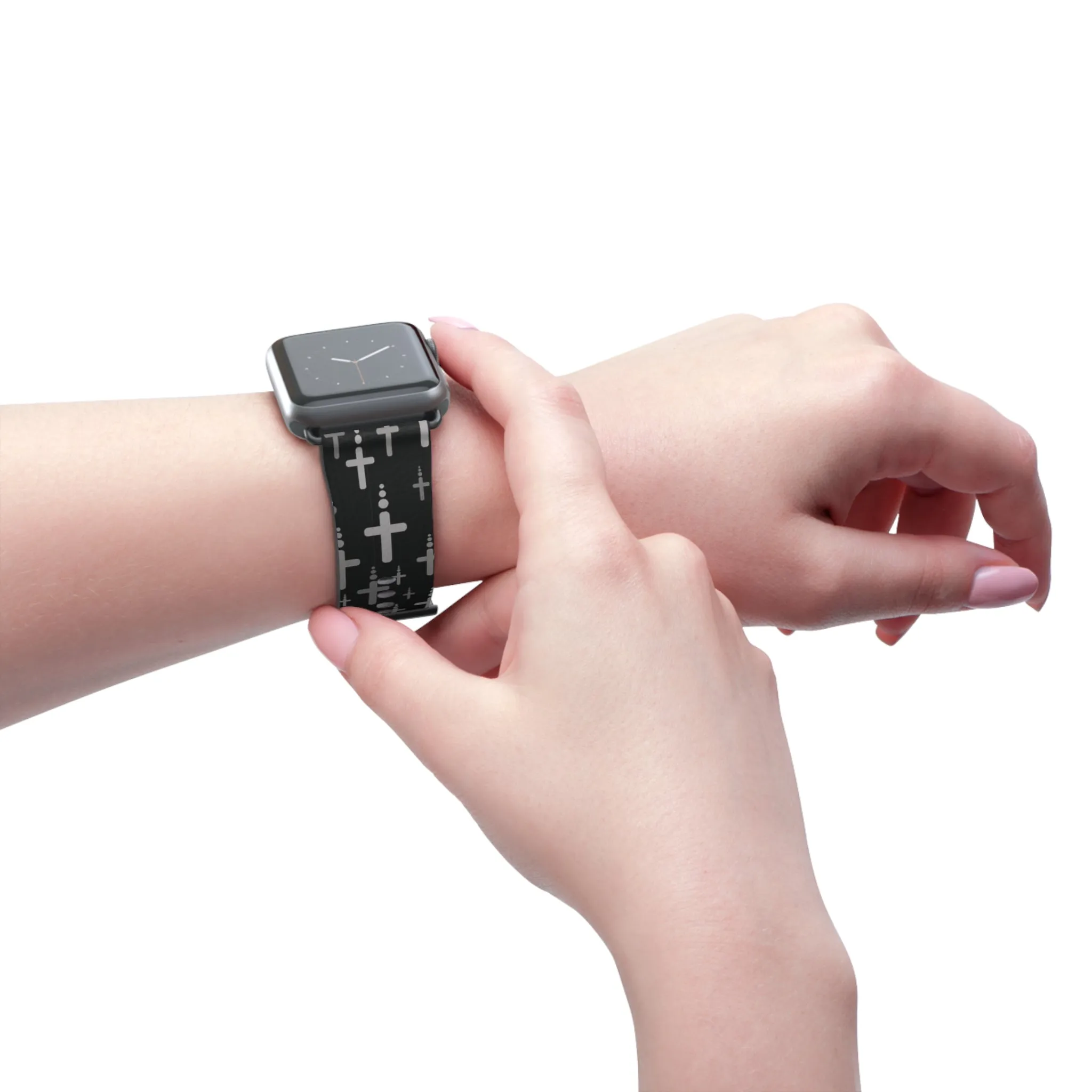 Crosses Watch Band - Silver Crosses/Black Faux Leather 38-41/42-45