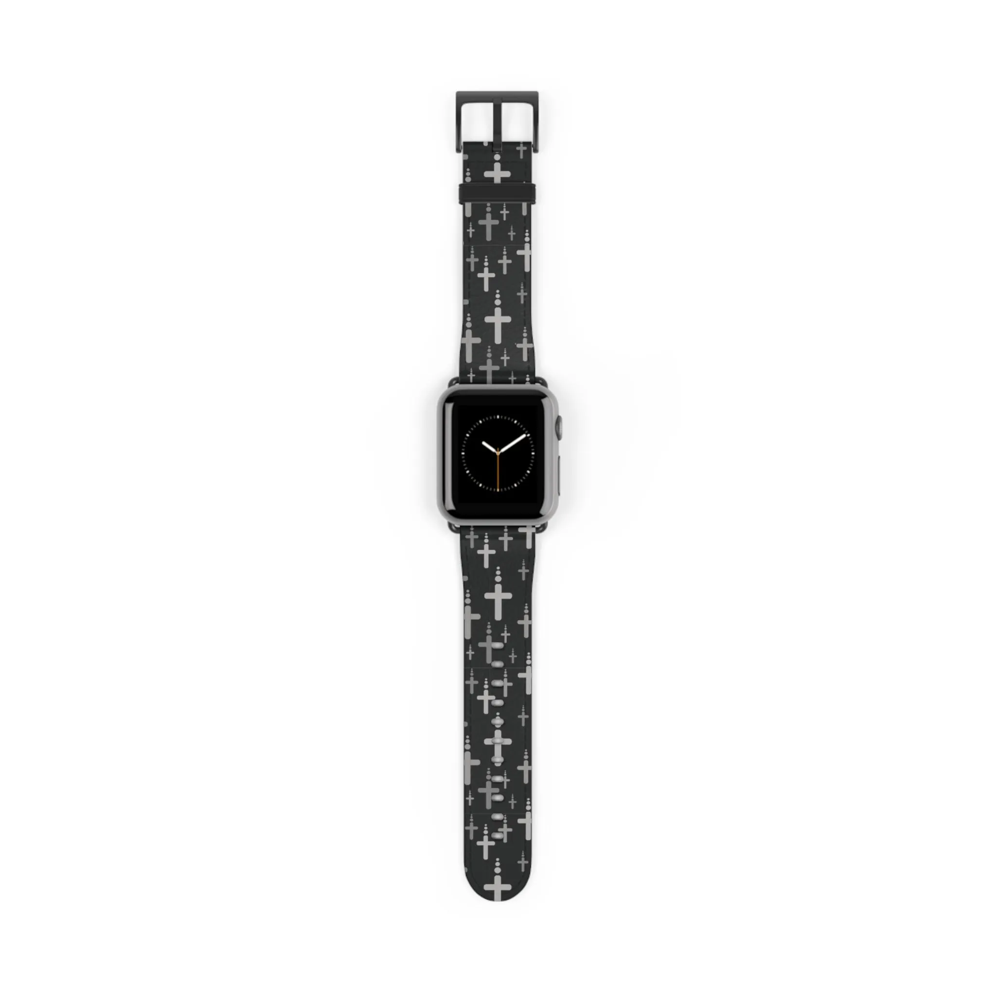 Crosses Watch Band - Silver Crosses/Black Faux Leather 38-41/42-45