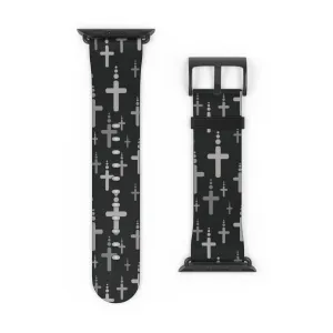 Crosses Watch Band - Silver Crosses/Black Faux Leather 38-41/42-45
