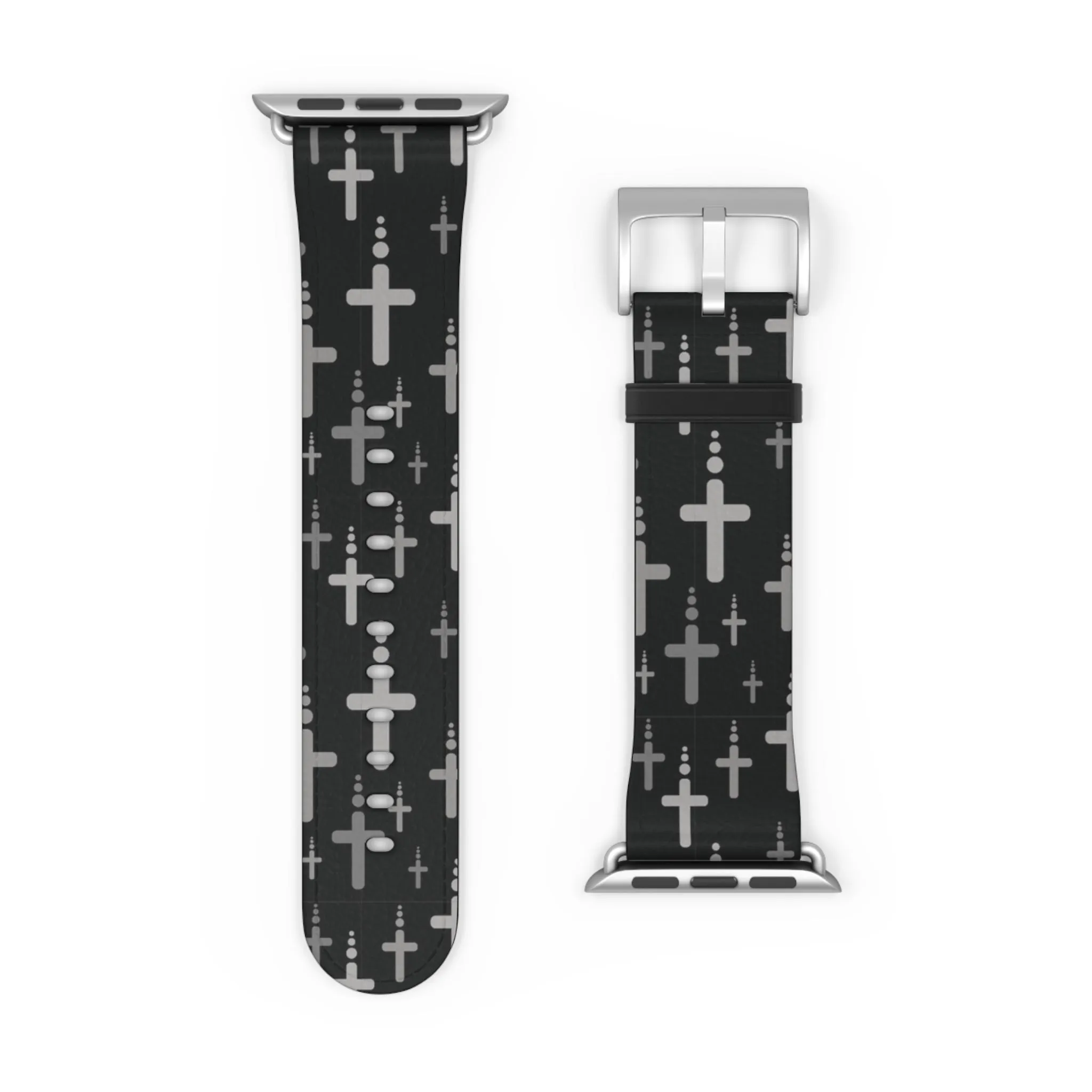 Crosses Watch Band - Silver Crosses/Black Faux Leather 38-41/42-45