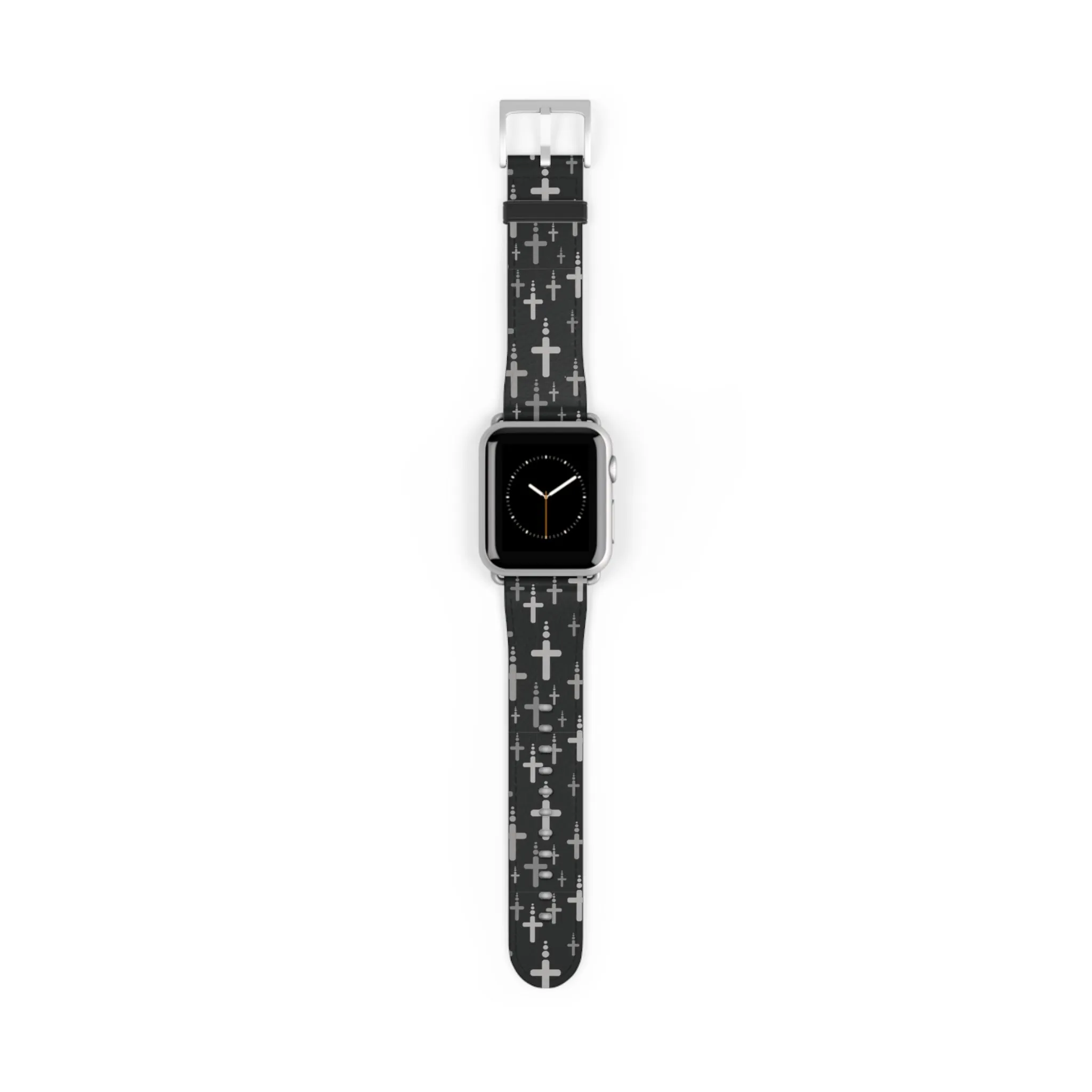 Crosses Watch Band - Silver Crosses/Black Faux Leather 38-41/42-45