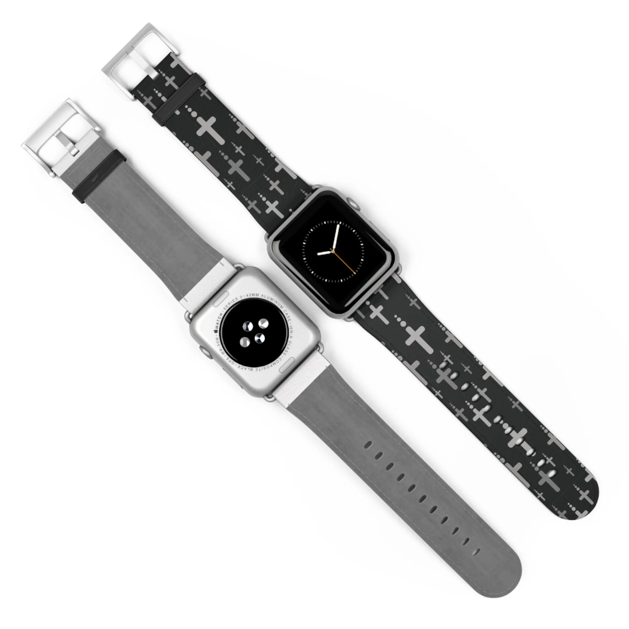 Crosses Watch Band - Silver Crosses/Black Faux Leather 38-41/42-45