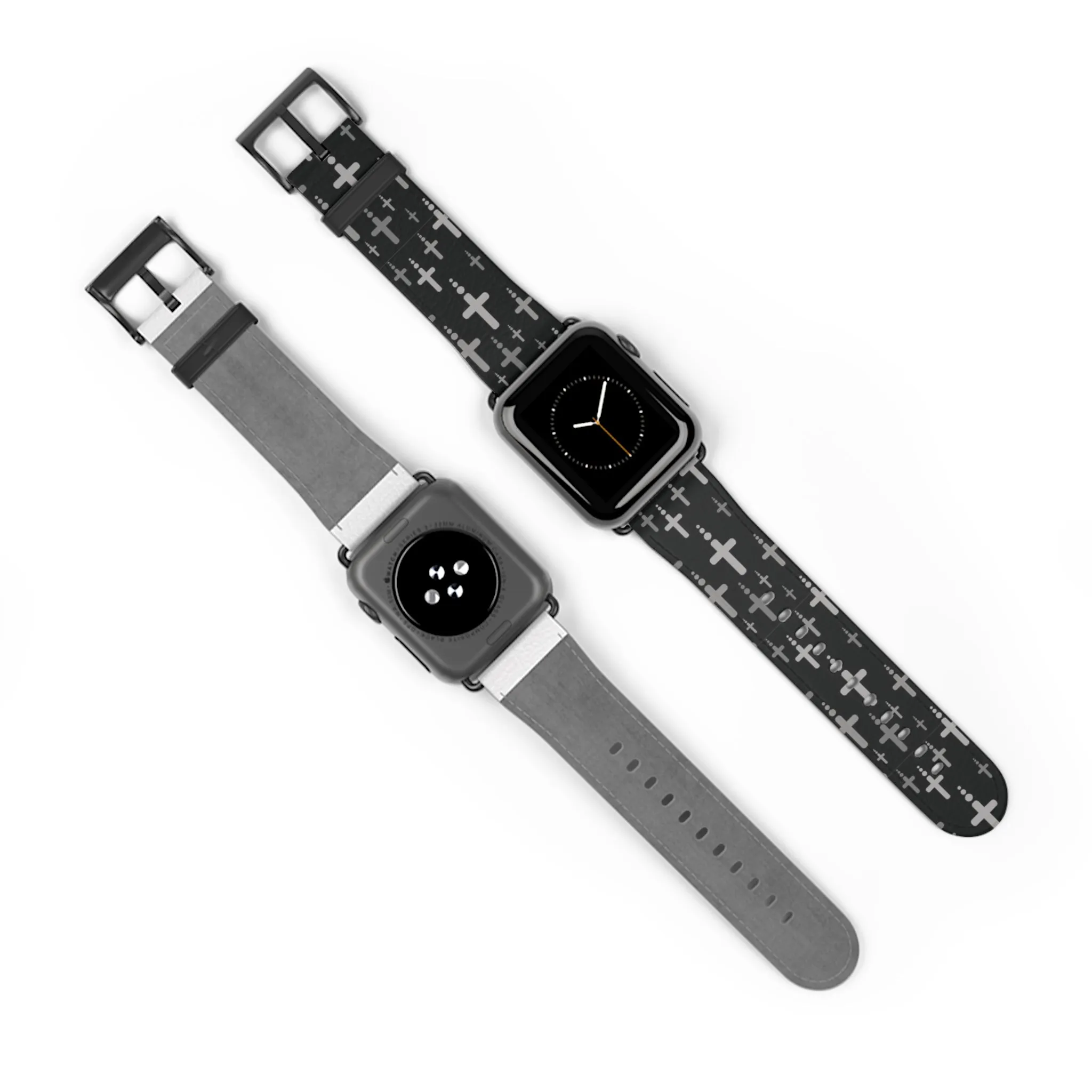 Crosses Watch Band - Silver Crosses/Black Faux Leather 38-41/42-45