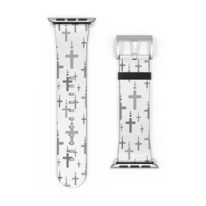 Crosses Watch Band - Silver Crosses/White Faux Leather 38-41/42-45