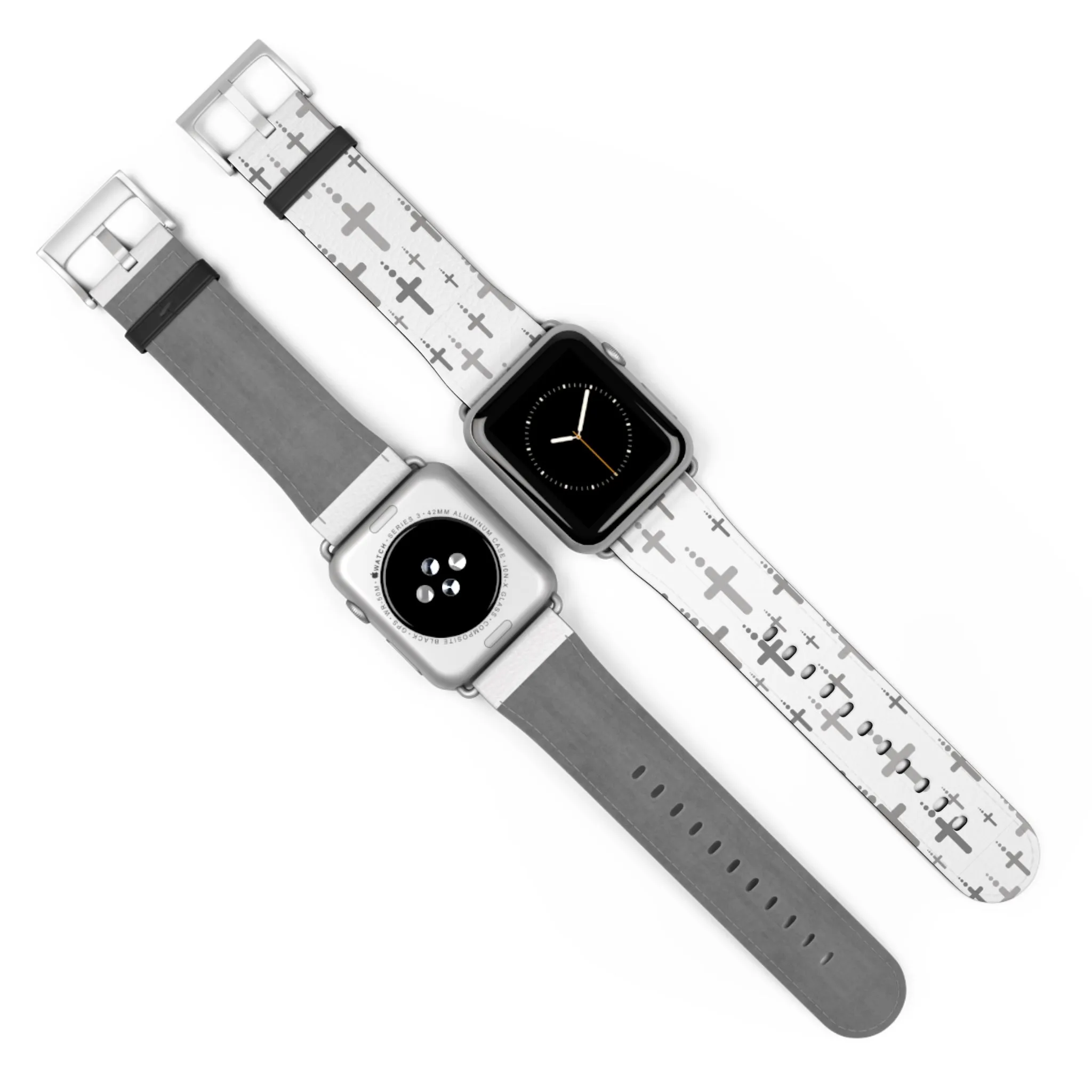 Crosses Watch Band - Silver Crosses/White Faux Leather 38-41/42-45