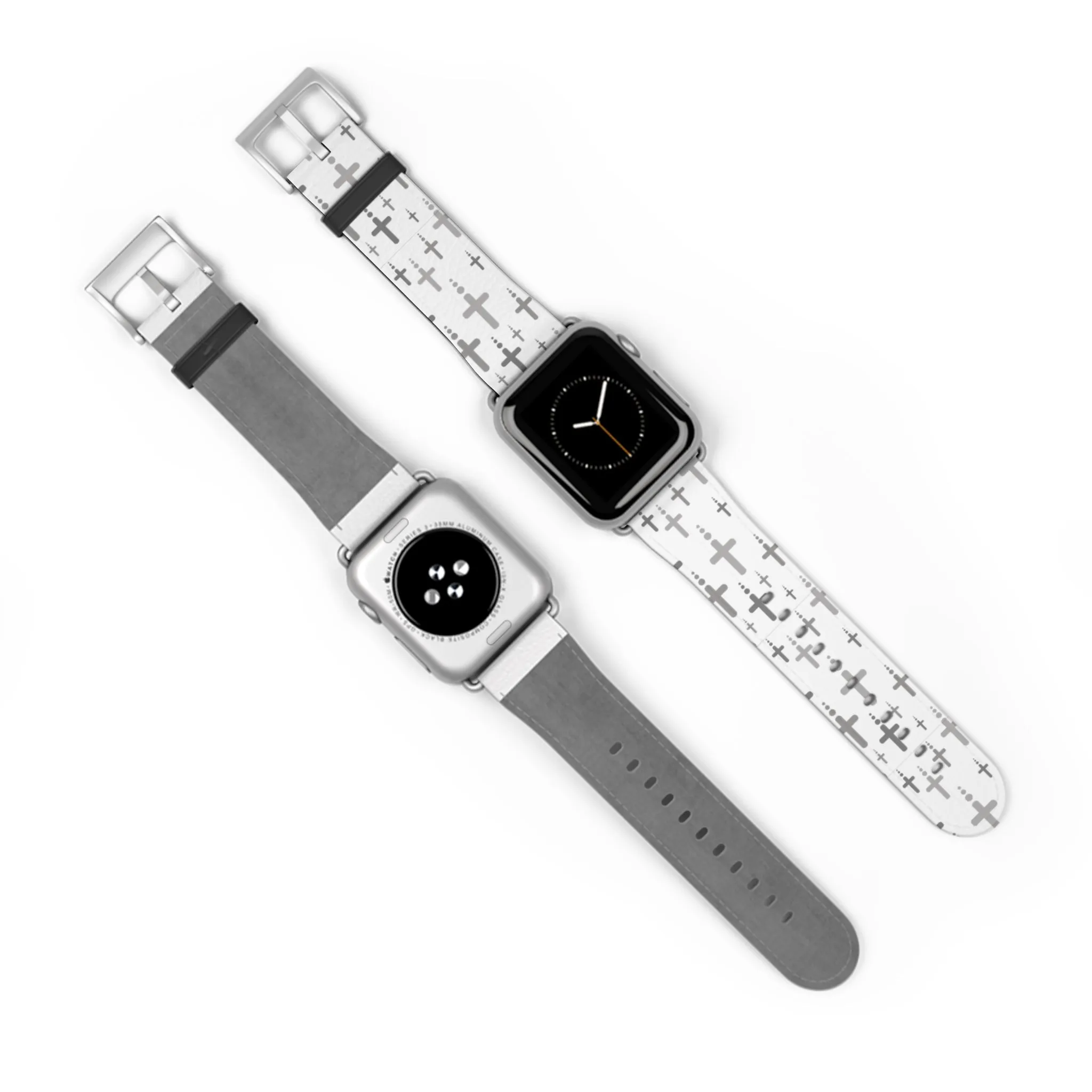 Crosses Watch Band - Silver Crosses/White Faux Leather 38-41/42-45