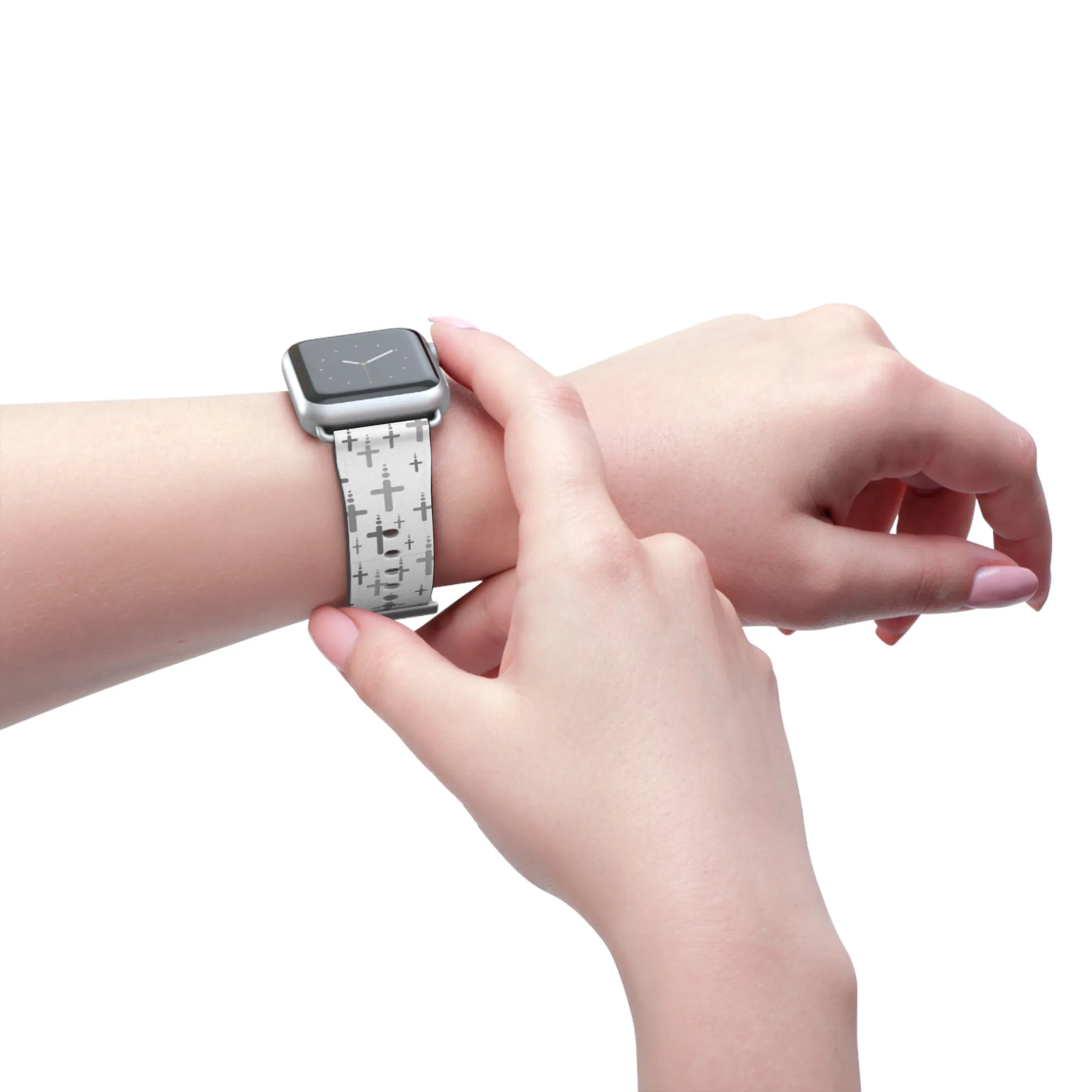 Crosses Watch Band - Silver Crosses/White Faux Leather 38-41/42-45